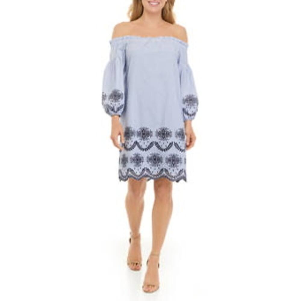 Vince Camuto Women's Off the Shoulder Eyelet Shift‎ Dress Embroidered Hem SZ 14W